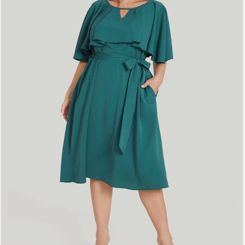 NWT 2X, 18-20 Bloomchic Plain Keyhole Pocket Belted Ruffles Dress - Picture 3 of 9